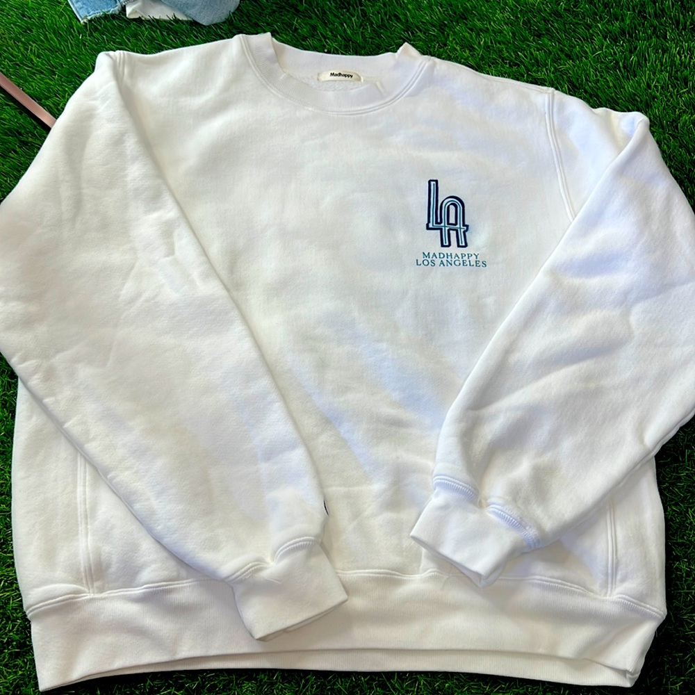 Madhappy White Crewneck Sweatshirt with Blue LA Logo